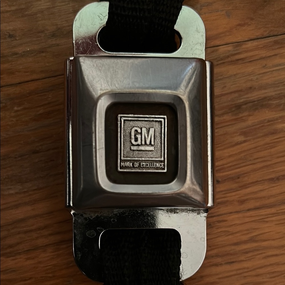 Vintage nylon Black GM Seatbelt Belt with Silver Buckle